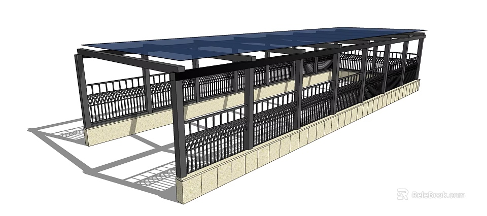 Covered Walkway Structure With Blue Roof Black Decorative Railings And Beige Stone Walls 3d model 