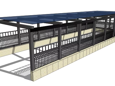 Covered Walkway Structure With Blue Roof Black Decorative Railings And Beige Stone Walls 3d model