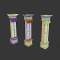 Three Classical Stone Columns With Carved Details And Fluted Shafts On White Background