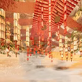 Traditional Red Gold Lanterns Hanging In Wooden Architectural Structure With Trees And Mist