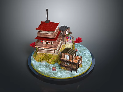 Traditional Japanese Landscape With Red Roof Multi Story Building Surrounded By Water And Red Plants 3d model