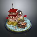 Traditional Japanese Landscape With Red Roof Multi Story Building Surrounded By Water And Red Plants