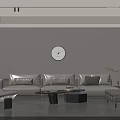Modern Living Room With Beige Sofa Green Cushions Round Wall Clock Window Blinds Grey Flooring