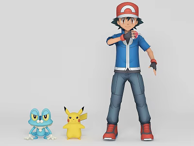 Pokemon Trainer Doll in Blue Jacket Red Cap with Blue and Yellow Small Plush Toys 3d model