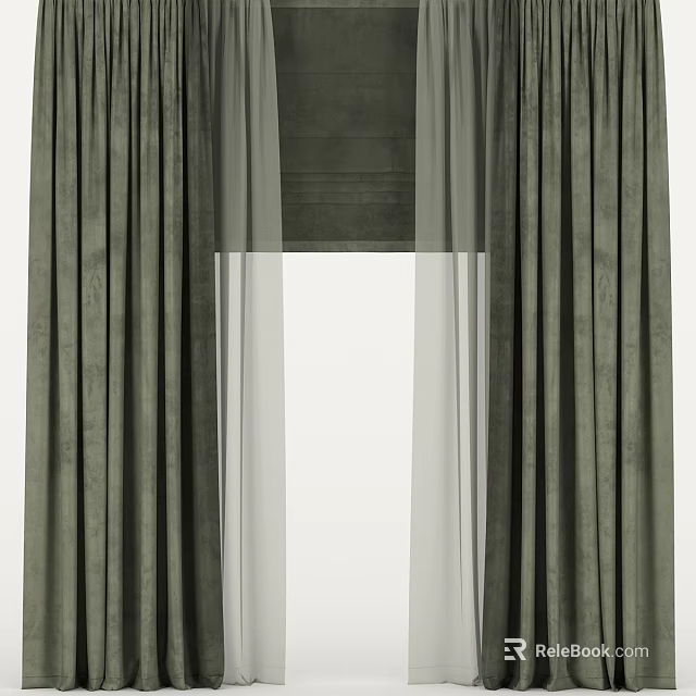 Dark Green Velvet Window Curtains With Sheer Layers And Elegant Pleated Design 3d model 