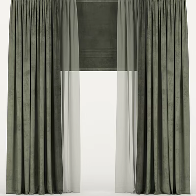 Dark Green Velvet Window Curtains With Sheer Layers And Elegant Pleated Design 3d model