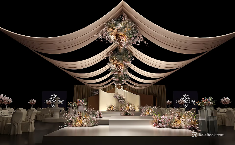 Elegant Wedding Stage Decorated With Floral Arrangements Drapes Soft Lighting And Seating 3d model 