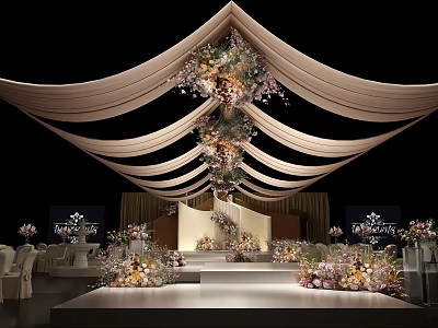 Elegant Wedding Stage Decorated With Floral Arrangements Drapes Soft Lighting And Seating 3d model