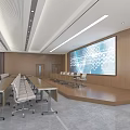 Modern Conference Room With Large Screen Movable Chairs And Floor To Ceiling Windows