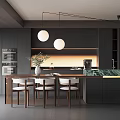 Modern Restaurant Kitchen with Open Design Hanging Spherical Lights and Marble Countertop 3d model