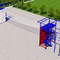 Fire Station Training Area Featuring Blue Red Metal Climbing Structure And Green Trees