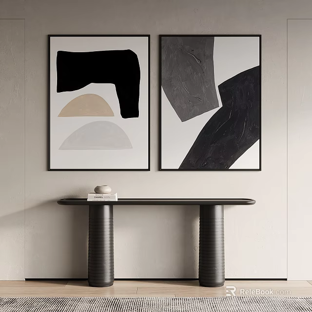 Abstract Geometric Paintings On Light Wall With Black Console Table And Decor 3d model