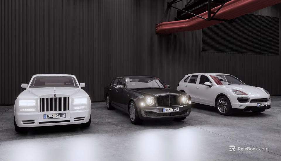 Luxury White Rolls Royce Black Bentley White SUV Parked In Indoor Garage With Dark Walls 3d model 