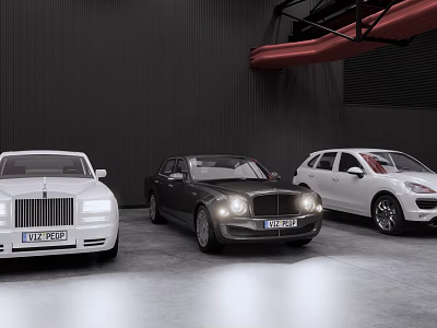 Luxury White Rolls Royce Black Bentley White SUV Parked In Indoor Garage With Dark Walls 3d model