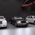 Luxury White Rolls Royce Black Bentley White SUV Parked In Indoor Garage With Dark Walls