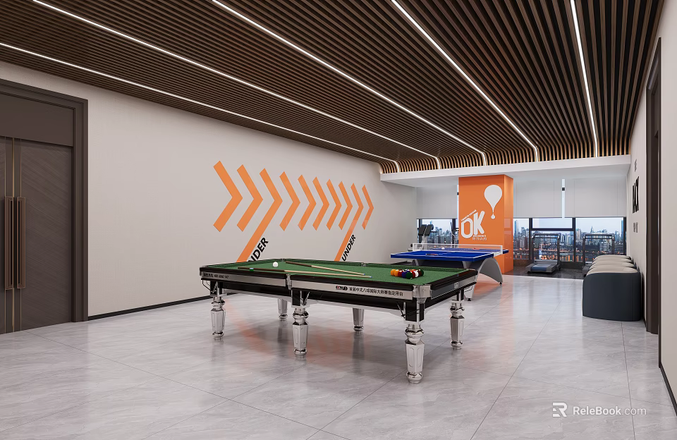 Modern Indoor Game Space With Snooker Tables And Stylish Decor 3d model 