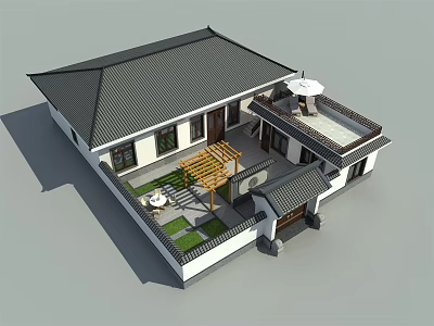 Traditional Chinese Detached Villa With Black Tiled Roof Courtyard Lawn And Pergola 3d model
