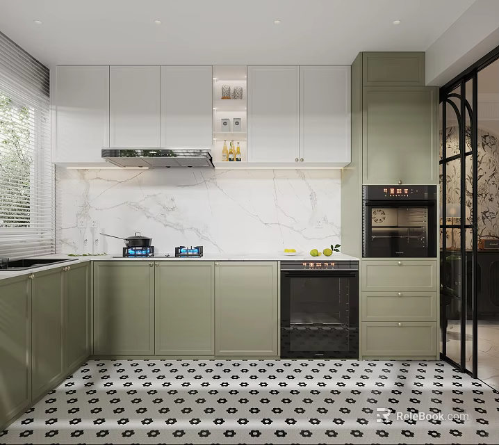 Modern Kitchen Interior With Green White Cabinets Marble Countertop And Patterned Floor 3d model