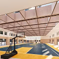 Bright Indoor Basketball Gymnasium With Blue Yellow Court And Wooden Ceiling Structure