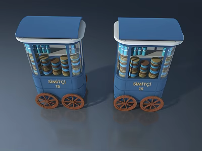 Two Blue Carts Landscape Sculpture with Transparent Display and Wheels Numbered SHANYU 13 15 3d model