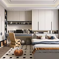Modern Kids Room Interior With Bed Desk Storage Cabinets And Decorative Rug