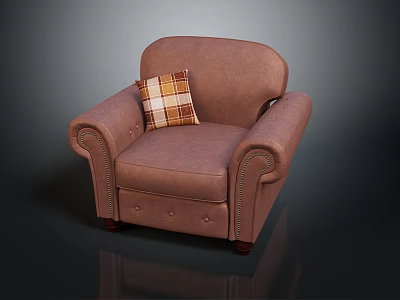 Classic Brown Leather Armchair With Plaid Pillow And Tufted Armrests 3d model