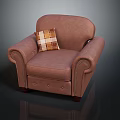 Classic Brown Leather Armchair With Plaid Pillow And Tufted Armrests