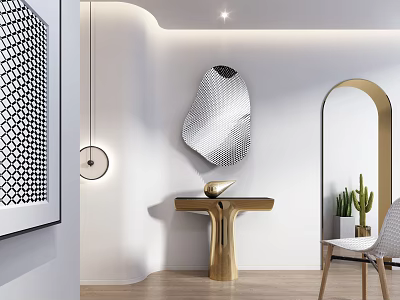 Elegant Modern Console Table With Golden Base Mirror Plant And Chair 3d model