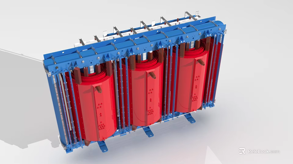 Three Red Cylindrical Industrial Equipment Units Enclosed By Blue Frame Structure 3d model