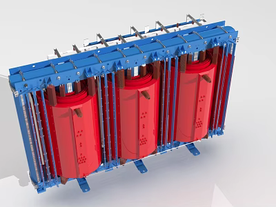 Three Red Cylindrical Industrial Equipment Units Enclosed By Blue Frame Structure 3d model