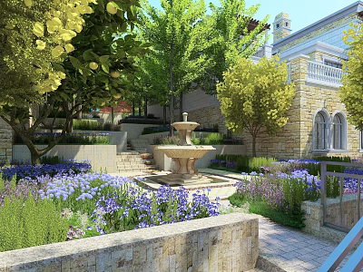 Elegant Garden Landscape With Central Fountain Purple Blue Flowers Stone Steps And Trees 3d model