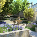 Elegant Garden Landscape With Central Fountain Purple Blue Flowers Stone Steps And Trees