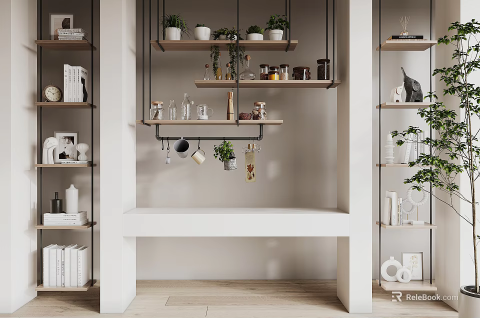 Stylish Wall Cabinets In Home Interior With Green Plants Mugs Books And Decorative Shelves 3d model 