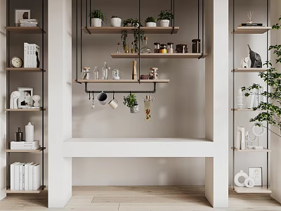 Stylish Wall Cabinets In Home Interior With Green Plants Mugs Books And Decorative Shelves 3d model