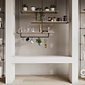 Stylish Wall Cabinets In Home Interior With Green Plants Mugs Books And Decorative Shelves