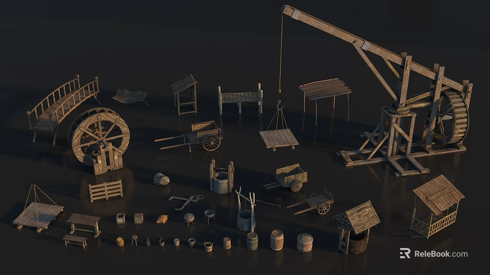 Medieval Wooden Construction Components with Wheel Cart Crane Bucket and Planks 3d model 