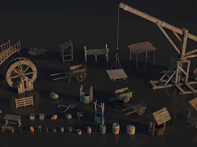 Medieval Wooden Construction Components with Wheel Cart Crane Bucket and Planks 3d model