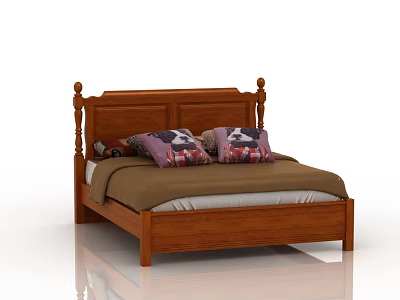 Classic Wooden Double Bed With Carved Posts Plaid Pillows And Brown Comforter 3d model