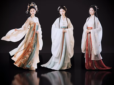 Game Film Characters Three Female In Traditional Ancient Costumes With Elegant Dresses And Hair Accessories 3d model
