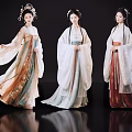 Game Film Characters Three Female In Traditional Ancient Costumes With Elegant Dresses And Hair Accessories