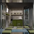 Modern Cafe Exterior And Interior With Metal Structure Green Cabinets And Outdoor Seating