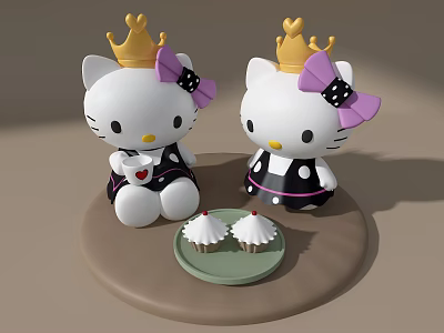 Hello Kitty Decorative Ornament Set With Golden Crown Purple Bow Cupcakes On Round Base 3d model