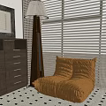 Brown Accent Chair In Room With Chest Of Drawers Floor Lamp And Checkered Floor