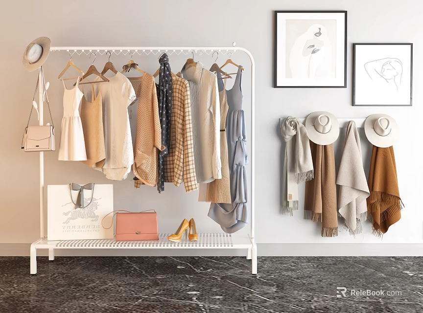 Clothes on White Metal Rack with Hats Bags Shoes Against White Wall Dark Floor 3d model 