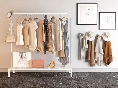 Clothes on White Metal Rack with Hats Bags Shoes Against White Wall Dark Floor 3d model