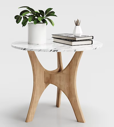Round Marble Top Table with Wooden Legs Decorated with Green Plant Books and Vase 3d model