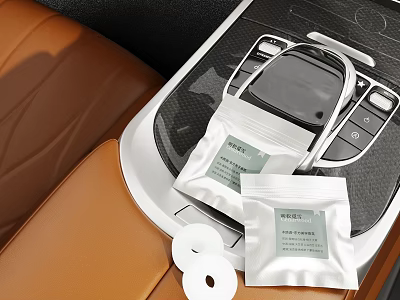 Car Interior Perfume Cosmetics Featuring White Fragrance Packets And Discs On Dashboard 3d model