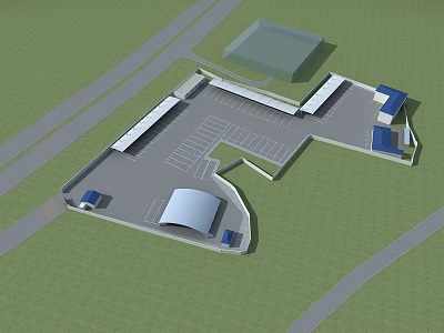 3D Model of Building Complex Featuring Parking Lot Curved Roof and Roads in Green Area 3d model