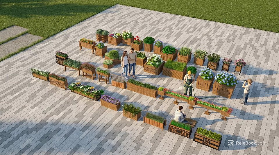 Outdoor Wooden Flower Stands With Green Plants Flowers And People Gardening In Stone Paved 3d model 