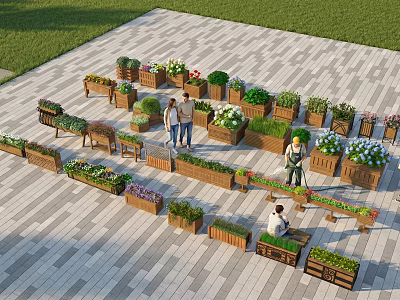 Outdoor Wooden Flower Stands With Green Plants Flowers And People Gardening In Stone Paved 3d model
